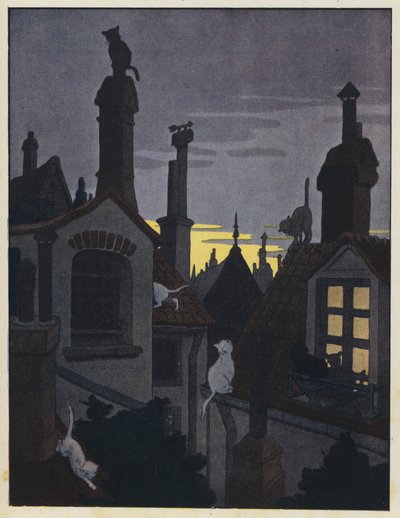 Chats sur les toits la nuit - Benjamin Rabier