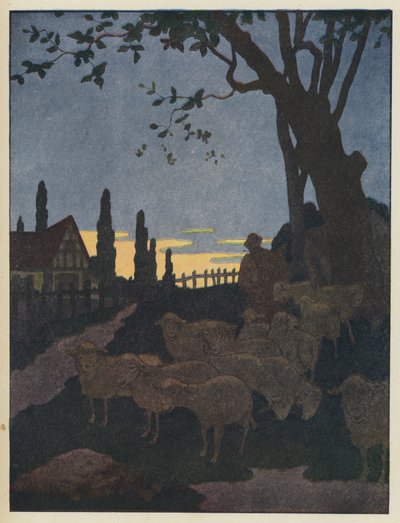 Troupeau de moutons sous un arbre au crépuscule - Benjamin Rabier