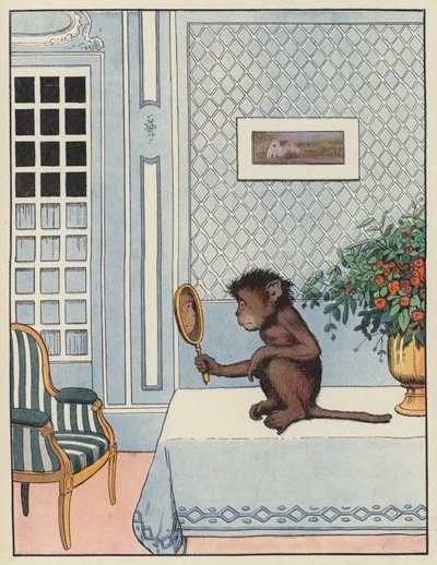 Singe regardant son reflet dans un miroir - Benjamin Rabier