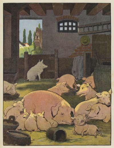 Cochons dans une porcherie - Benjamin Rabier