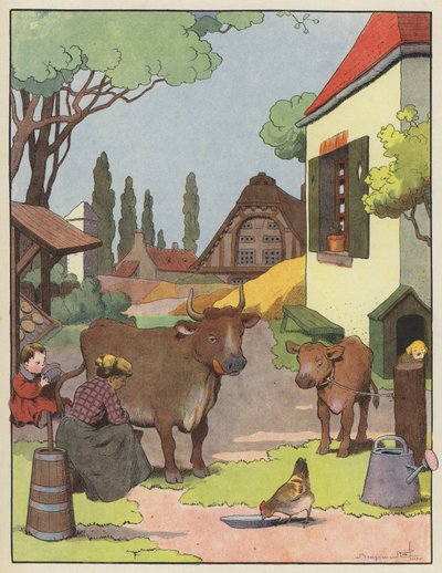 Femme trayant une vache dans une ferme - Benjamin Rabier