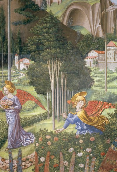 Ange cueillant des fleurs dans un paysage céleste (détail du cycle du Voyage des Mages dans la chapelle) - Benozzo di Lese di Sandro Gozzoli