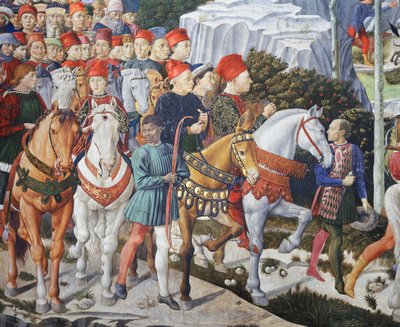 Piero de Médicis (sur une mule), Cosimo de Médicis (au centre) et le duc Salviati (à cheval), détail du cycle du Voyage des Mages dans la chapelle, vers 1460 (fresque). - Benozzo di Lese di Sandro Gozzoli