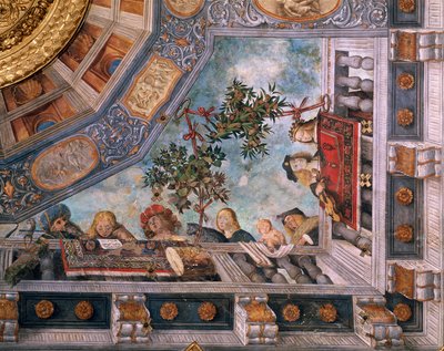 Dames, musiciens et cupidons sur balcon, détail de la fresque du plafond, par Garofalo (1481-1559), Salle du Trésor, Palais Ludovico il Moro ou Palais Costabili, Ferrare, Italie - Benvenuto Tisi da Garofalo