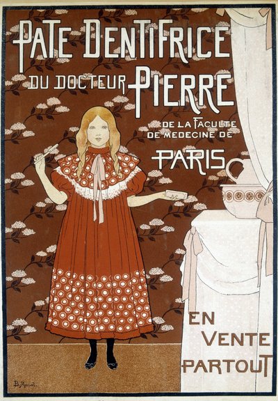 Publicité pour le dentifrice du Dr Pierre représentant une fille dans une salle de bain avec une brosse à dents à la main - Bernard Boutet de Monvel