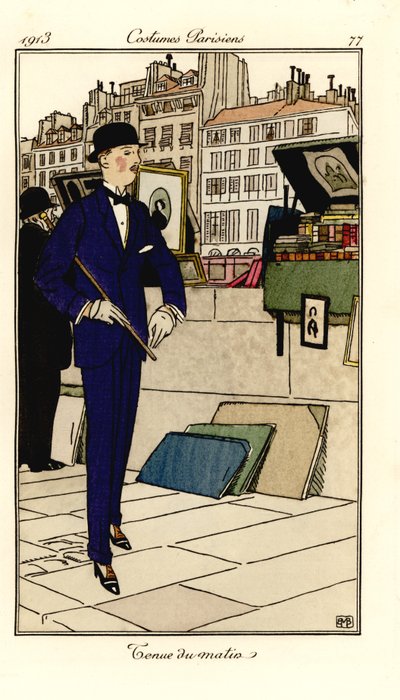 Homme en costume, chapeau melon et canne marchant devant des bouquinistes sur la Seine. Tenue du matin. - Bernard Boutet de Monvel