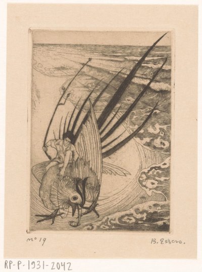 Figure assise sur un faisan sur la plage - Bernard Essers (signed by artist)