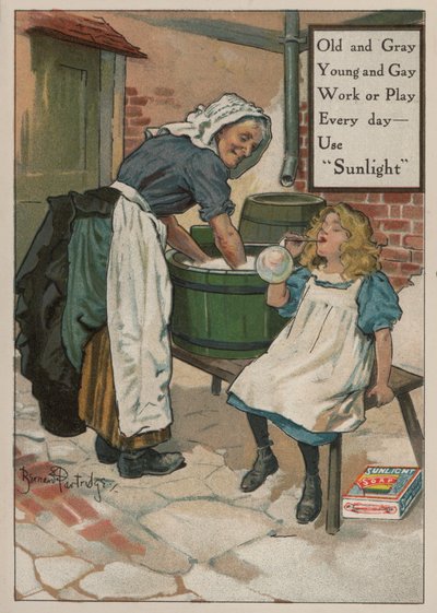 Jeune fille soufflant des bulles tandis que sa grand-mère fait la lessive : publicité pour le savon Sunlight - Bernard Partridge