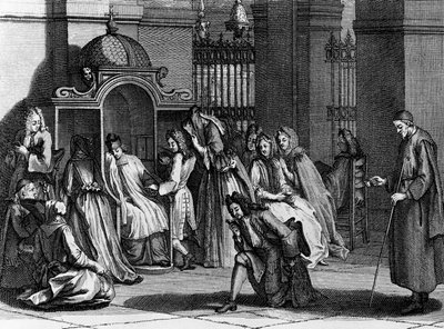 Attente fidèle devant le confessionnal, gravure de Bernard Picart de 