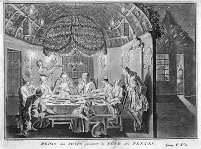 Judaïsme : repas pour le peuple juif pendant la fête de Souccot (fête des tabernacles ou des cabanes) Gravure de « Illustration des cérémonies et coutumes religieuses de tous les peuples du monde » par Bernard Picart (1723-1743) 1819 Collection privée - Bernard Picart