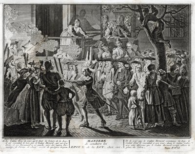 Judaïsme : la manière de conduire les époux de la Loi à la maison - une représentation de la procession par laquelle la communauté honorait, lors de la fête de Simhat Torah, ceux qui avaient été choisis, l