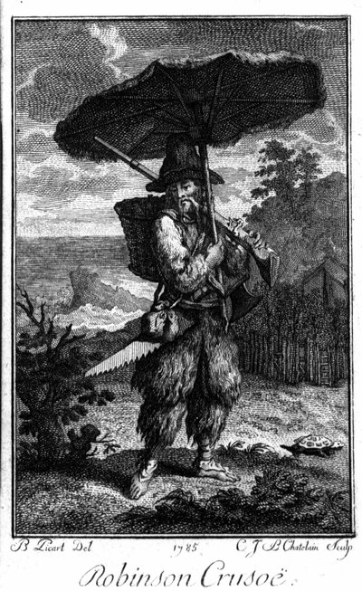 Représentation de Robinson Crusoé sur son île déserte. Gravure par Bernard Picart illustrant le roman de Daniel Defoe - Bernard Picart