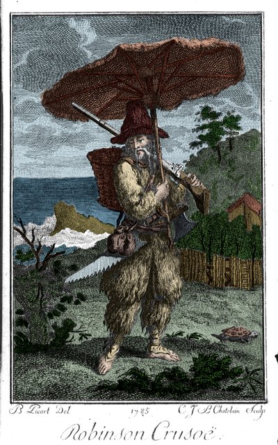 Représentation de Robinson Crusoé sur son île déserte. Gravure de Bernard Picart (1673-1733) illustrant le roman de Daniel Defoe (1660-1731) - Bernard Picart