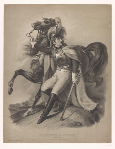Cuirassier à côté de son cheval (Le cuirassier, Nieuwe lithografieën met twee soorten krijt, Nouveaux groupes aux deux crayons) - Bernard Romain Julien