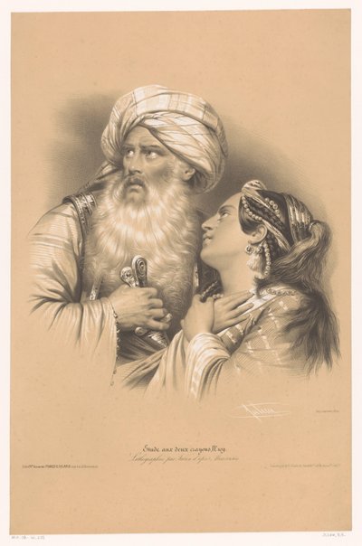 Homme avec turban et femme pleurant (série Étude aux deux Crayons) - Bernard Romain Julien