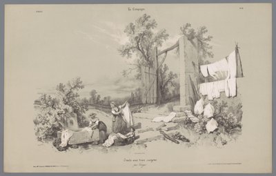 Deux femmes et une fille faisant la lessive dehors
La Campagne. Études variées aux deux Crayons (série) - Bernard Romain Julien