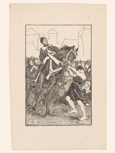 Homme tenant un cheval sauvage sur une place animée - Bernard Willem Wierink