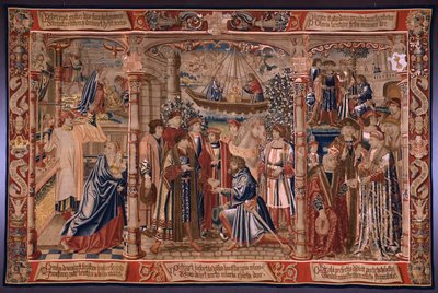 Tapisserie flamande. Série La Légende de la Madone du Sablon. La statue de la Madone est apportée à l