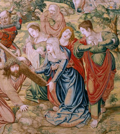 Tapisserie flamande. Série La Passion du Christ. Chute sur le chemin du Calvaire. Deuxième tapisserie de la série. Modèles du dessinateur Bernard van Orley. Manufacture Pieter de Pannemaker, Bruxelles. Ca 1518-1523. Tissu Or, argent, - Bernard van Orley