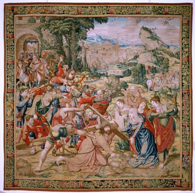 Tapisserie flamande. Série La Passion du Christ. Chute sur le chemin du Calvaire. Deuxième tapisserie de la série. Modèles Cartonniste Bernard van Orley. Manufacture Pieter de Pannemaker, Bruxelles. Vers 1518-1523. Tissu Or, argent, - Bernard van Orley