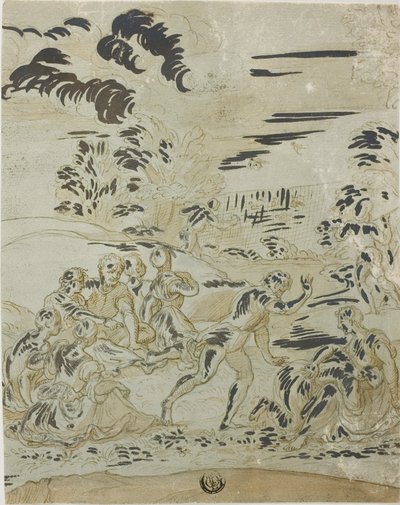 Scène pastorale : Hommes chassant des oiseaux, couples assis sur le sol - Bernard van Orley