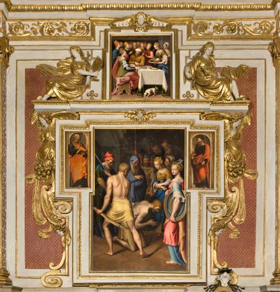 Chapelle de Notre-Dame du Peuple, Deuxième travée côté nord, Bernardino Campi, Décollation du Baptiste 1569, Sur les côtés Saint Pierre et Saint Paul 1520-30, Bernardino Campi, Banquet d