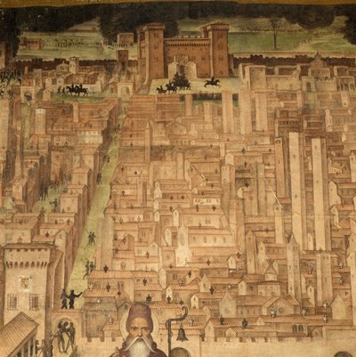 Saint Antoine et vue de Pavie, détail du cycle des Histoires de Saint Théodore, fresques de Bernardino Lanzani (vers 1460-1530), Église de Saint Théodore, Pavie, Lombardie, Italie - Bernardino Lanzani da San Colombano
