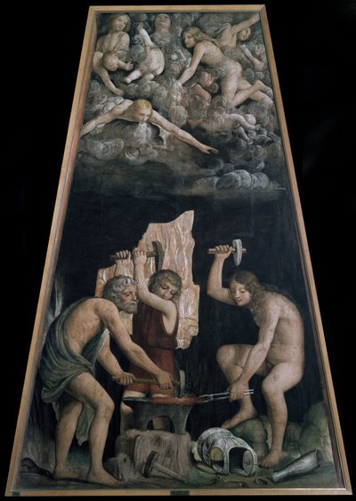Armes divines forgées dans la forge de Vulcain devant des anges allongés dans les nuages (détail) - Bernardino Luini