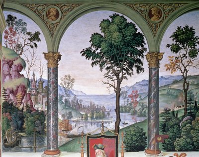 Paysage en arrière-plan vu à travers la loggia (détail) - Bernardino di Betto Pinturicchio