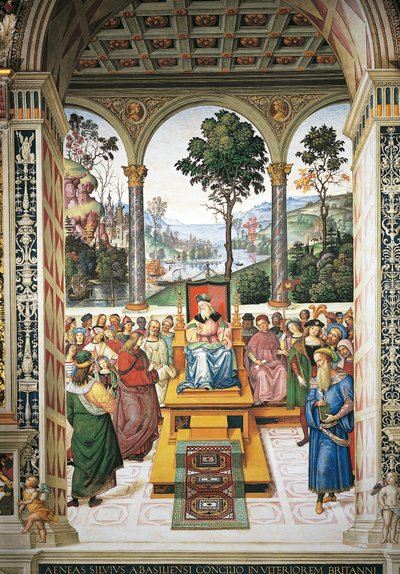 Italie, Sienne, Cathédrale, Bibliothèque Piccolomini, Enea Silvio Piccolomini prononçant un discours devant le roi Jacques Ier d
