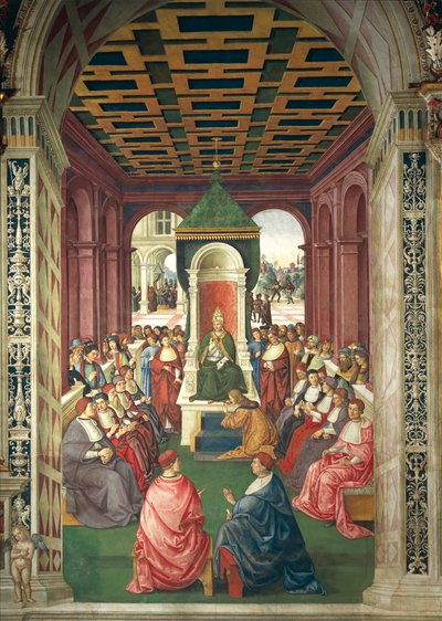 Italie, Sienne, Cathédrale, Bibliothèque Piccolomini, Enea Silvio Piccolomini en acte de soumission au pape Eugène IV (détail) - Bernardino di Betto Pinturicchio