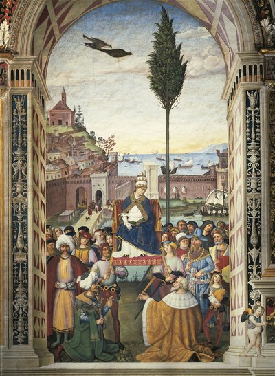 Sienne, cathédrale, bibliothèque Piccolomini, histoires de Pie II : Pie II arrive à Ancône pour hâter la croisade - Bernardino di Betto Pinturicchio