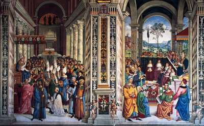 Pie II arrivant à Ancône pour commencer la croisade (16e siècle), fresque de Pinturicchio (1452-1513), Bibliothèque Piccolomini, Cathédrale de Sienne, Toscane, Italie - Bernardino di Betto Pinturicchio