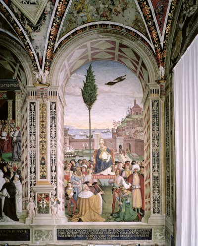 Le Pape Pie II (1405-64), à Ancône, bénit la flotte sur le point de partir pour la Terre Sainte le 15 août 1464 - Bernardino di Betto Pinturicchio