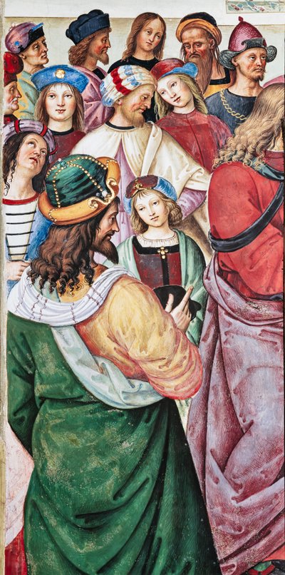 Bibliothèque Piccolomini, mur nord-est : « Énée Sylvius prononce une oraison devant le roi Jacques Ier d