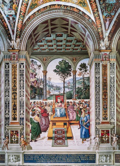 Bibliothèque Piccolomini, mur nord-est : « Énée Sylvius prononce une oraison devant le roi Jacques Ier d