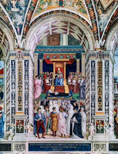 Bibliothèque Piccolomini, mur sud-ouest : "Pie II canonise Sainte Catherine de Sienne, 29 juin" - Bernardino di Betto Pinturicchio