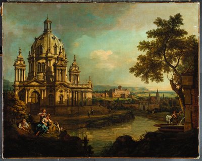 Un capriccio avec une église à dôme et des bâtiments à Pirna, c.1765 - Bernardo Bellotto