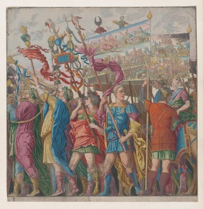 Feuille 1 : Soldats portant des bannières représentant les exploits militaires triomphants de Jules César, 1599 - Bernardo Malpizzi