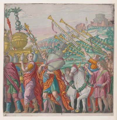 Planche 4 : Hommes portant des trophées à gauche, trompettistes à droite, de Le Triomphe de Jules César - Bernardo Malpizzi