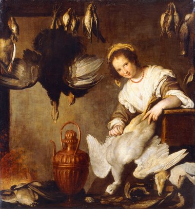 La Cuoca - Une cuisinière plumant une oie dans un intérieur - Bernardo Strozzi