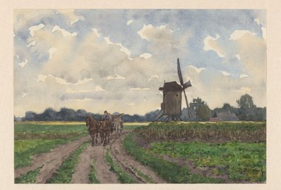 Paysage avec moulin et charrette à Vorden - Bernardus Bueninck (signed by artist)