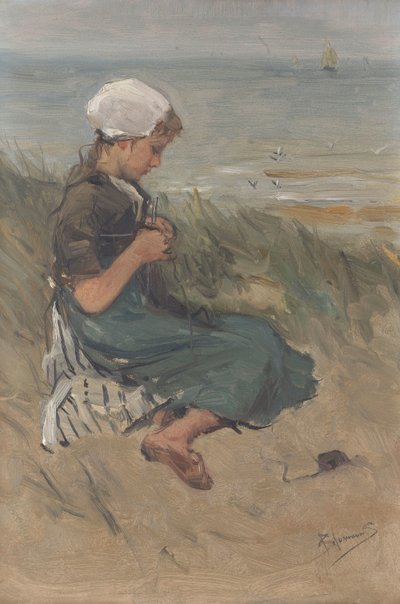 Fille tricotant dans les dunes - Bernardus Johannes Blommers