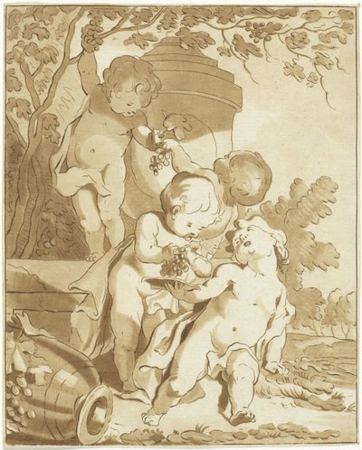 Quatre putti cueillant des raisins près d