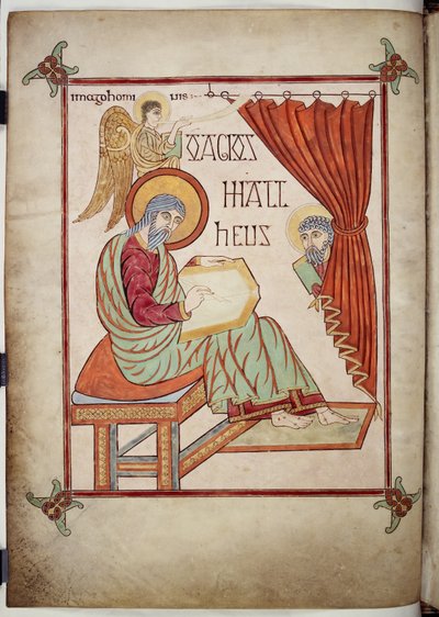 Cotton Nero D. IV, f.25v Saint Matthieu, écrivant, avec son symbole, des Évangiles de Lindisfarne, 710-721 - Bishop of Lindisfarne Eadfrith