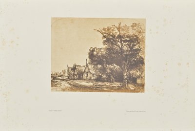[Paysage avec trois chalets à pignons au bord d