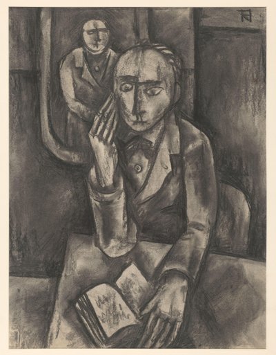 Homme assis à une table avec un livre ouvert - Bob Hanf (signed by artist)