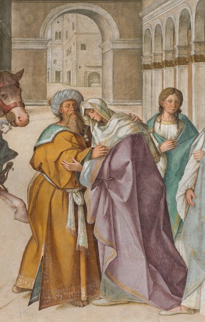Nef centrale, Première travée nord, Rencontre de Saint Joachim et Sainte Anne à la Porta Aurea, Boccaccio Boccaccino 1514-15, (détail) - Boccaccio Boccaccino
