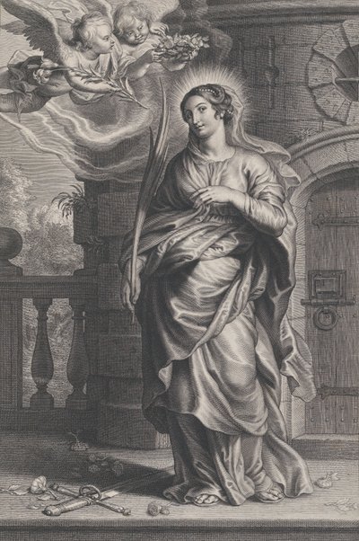 Sainte Barbe tenant des feuilles de palmier avec une épée et des fleurs à ses pieds, deux putti, vers 1625-59 - Boetius Adams Bolswert