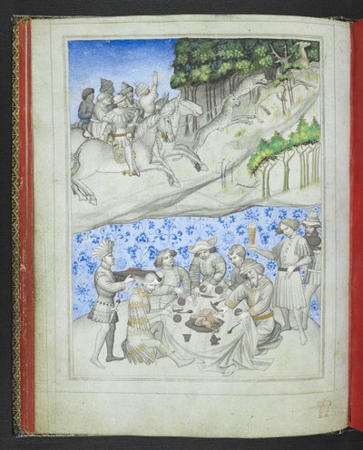 Add 24189, f.5v, Récréation à Chypre avec, au-dessus, une chasse au cerf utilisant des léopards et, en dessous, un festin, du 
